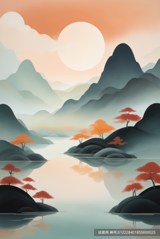 水墨装饰画扁平山水意境插画png下载_编号612228401855600025-设图网