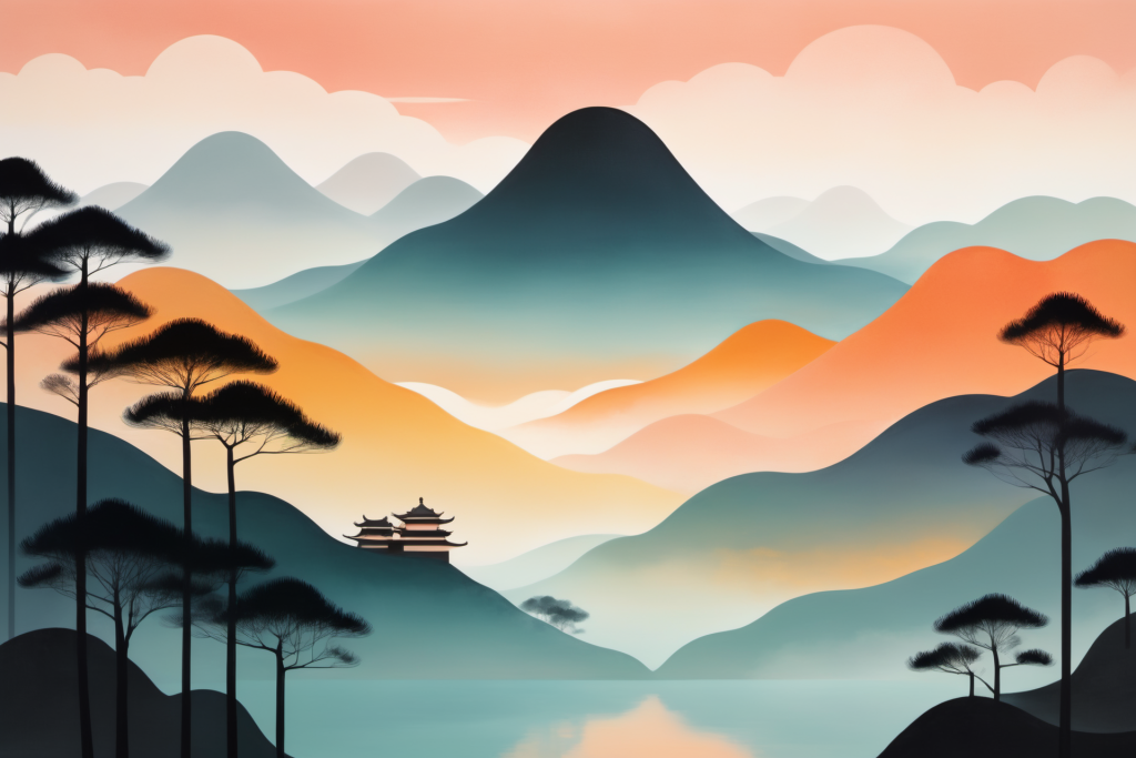 国潮设计扁平山水意境插画png下载_编号612232936321847512-设图网
