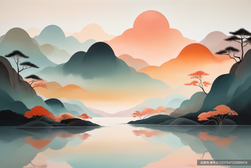 水墨装饰画扁平山水意境插画png下载_编号612237547220899478-设图网