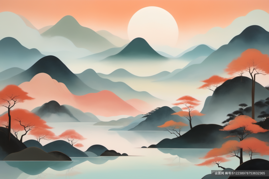 禅意山水扁平山水意境插画png下载_编号612238978753632365-设图网