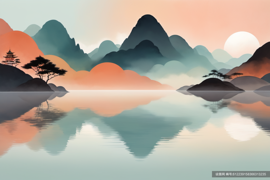 禅意山水扁平山水意境插画png下载_编号612239158366313235-设图网