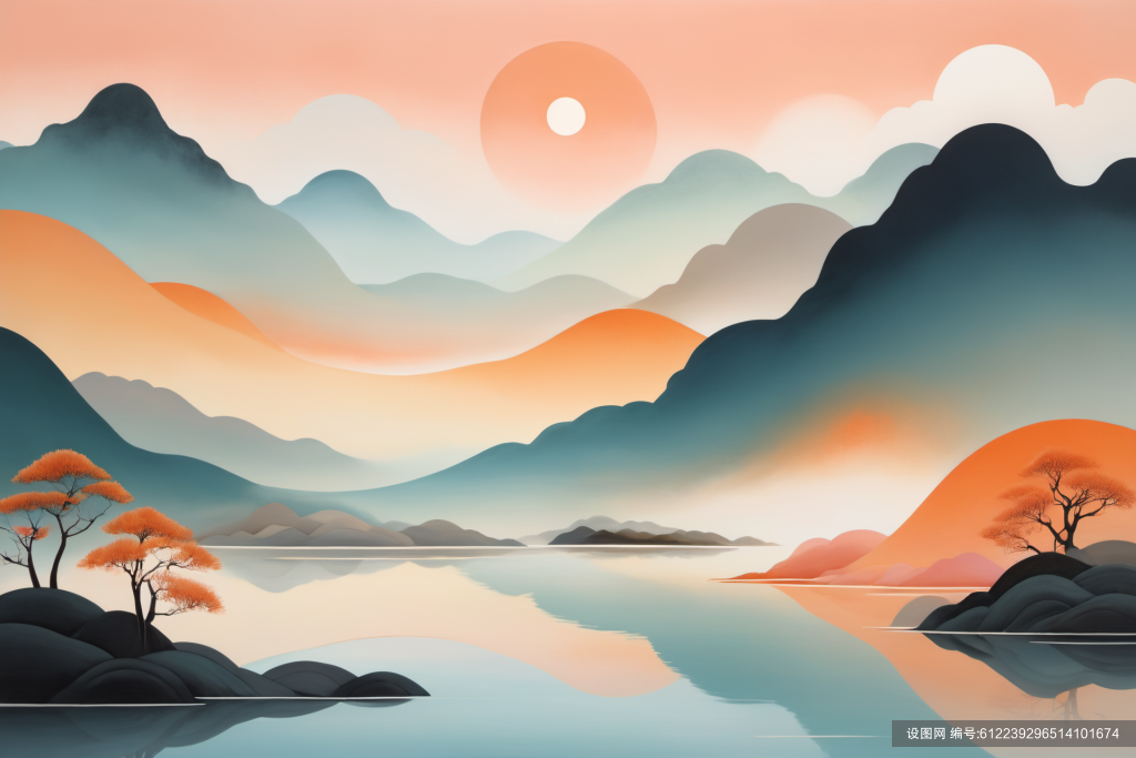 禅意山水扁平山水意境插画png下载_编号612239296514101674-设图网