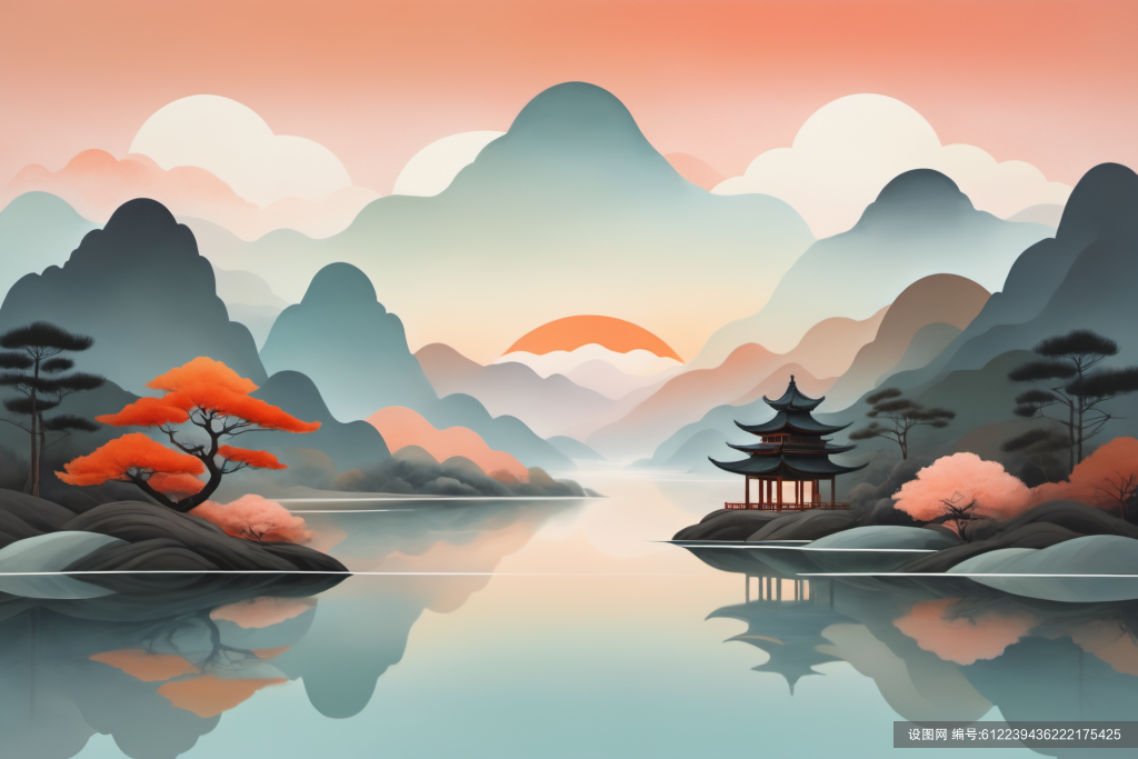 禅意山水扁平山水意境插画png下载_编号612239436222175425-设图网