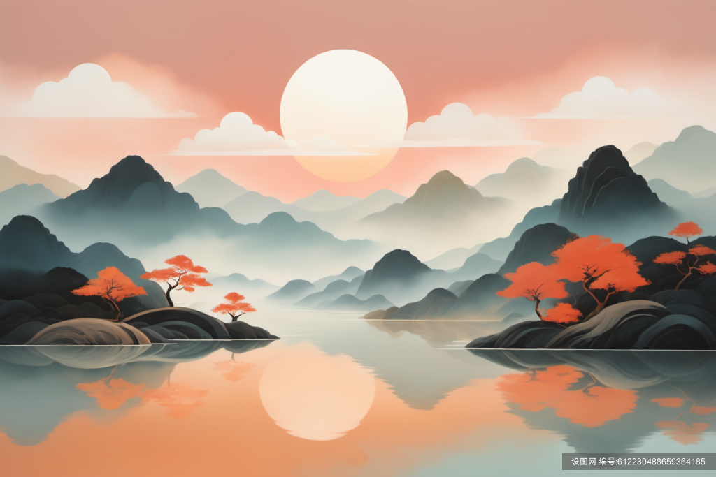 禅意山水扁平山水意境插画png下载_编号612239488659364185-设图网