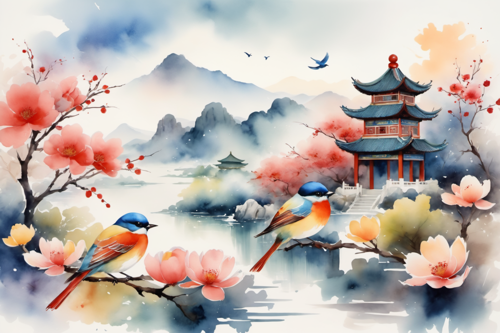 手绘国画中国风水墨画山水画插画