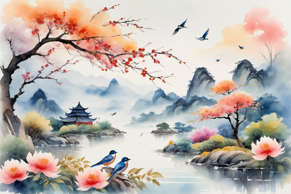 山峰设计中国风水墨画山水画插画