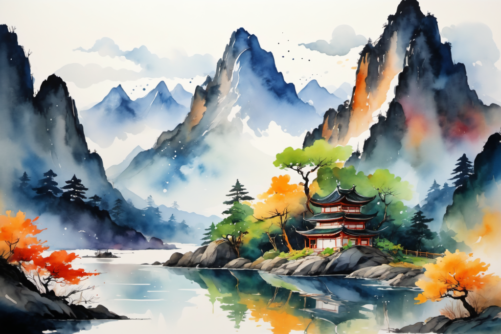 春暖花开中国风水墨画山水画插画