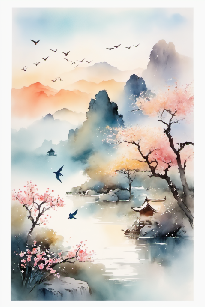 春暖花开中国风水墨画山水画插画