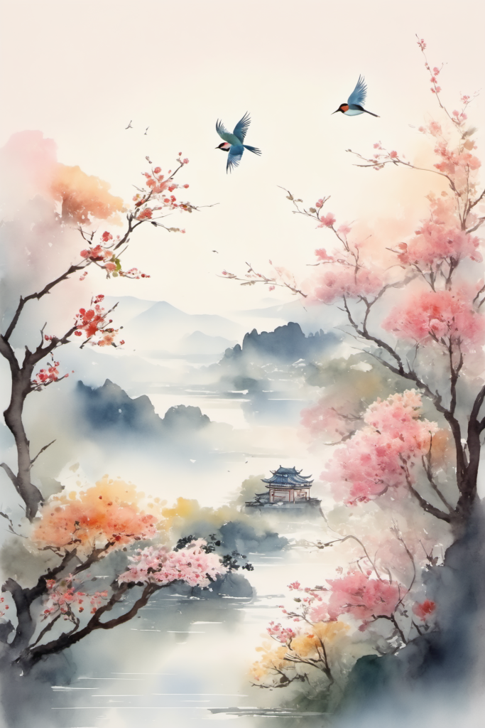 手绘山水中国风水墨画山水画插画