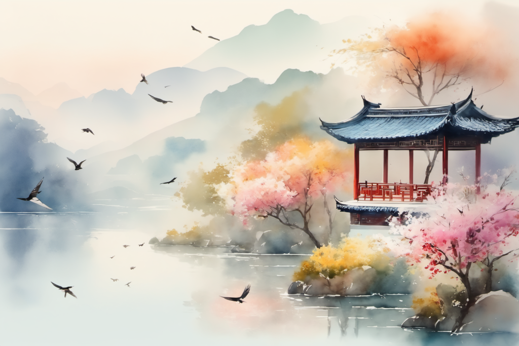 苍松山峦中国风水墨画山水画插画