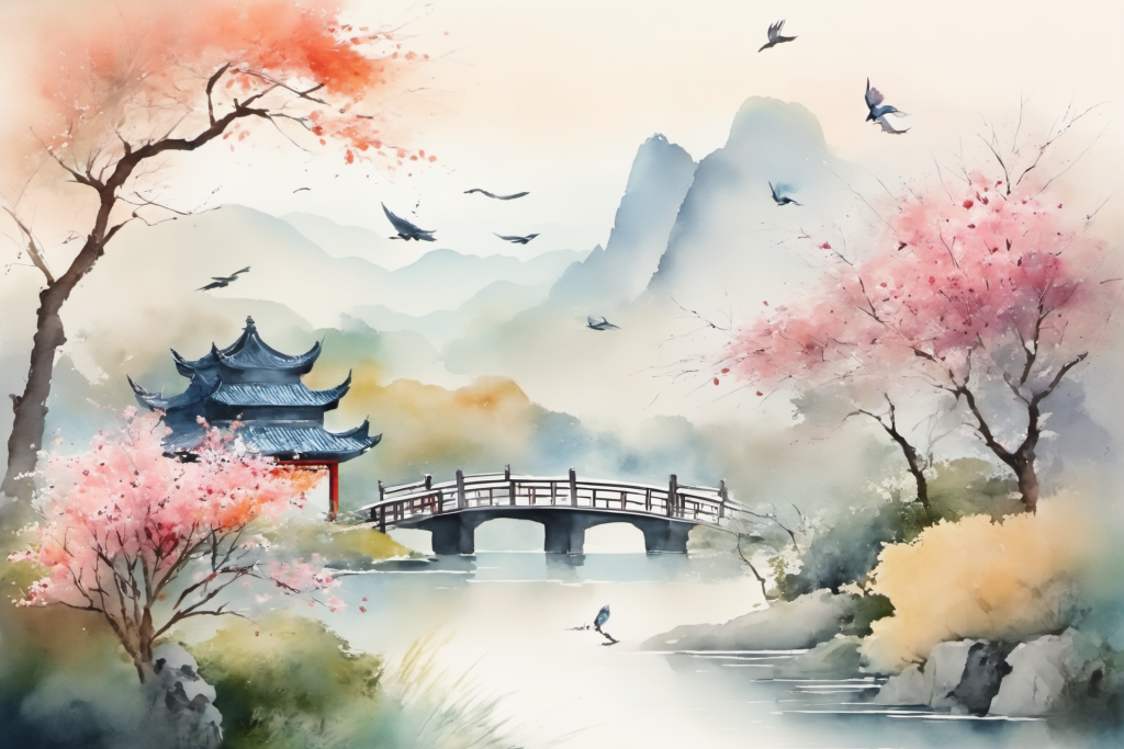 苍松山峦中国风水墨画山水画插画