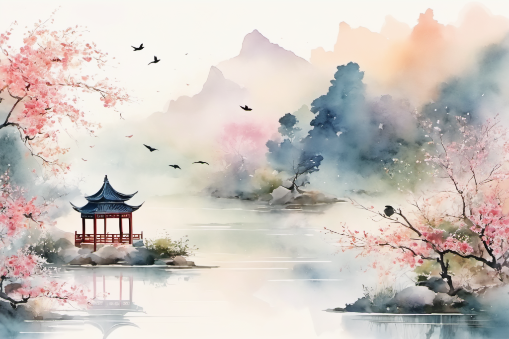 苍松山峦中国风水墨画山水画插画