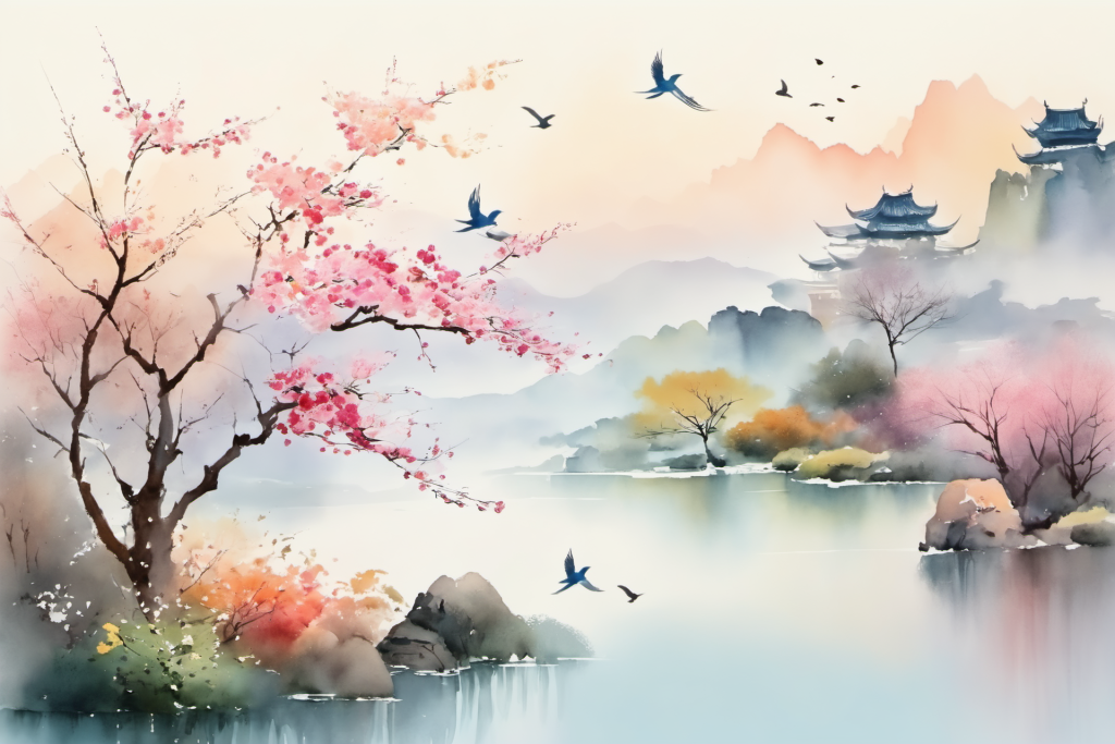 苍松山峦中国风水墨画山水画插画