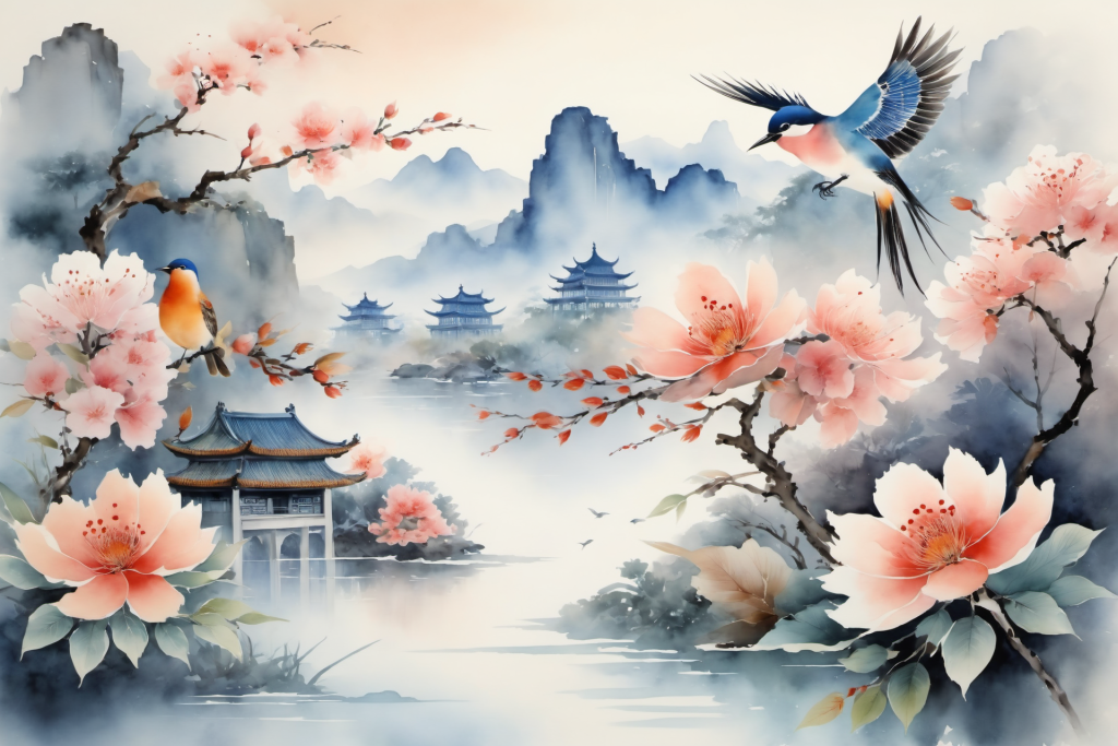 山峰设计中国风水墨画山水画插画