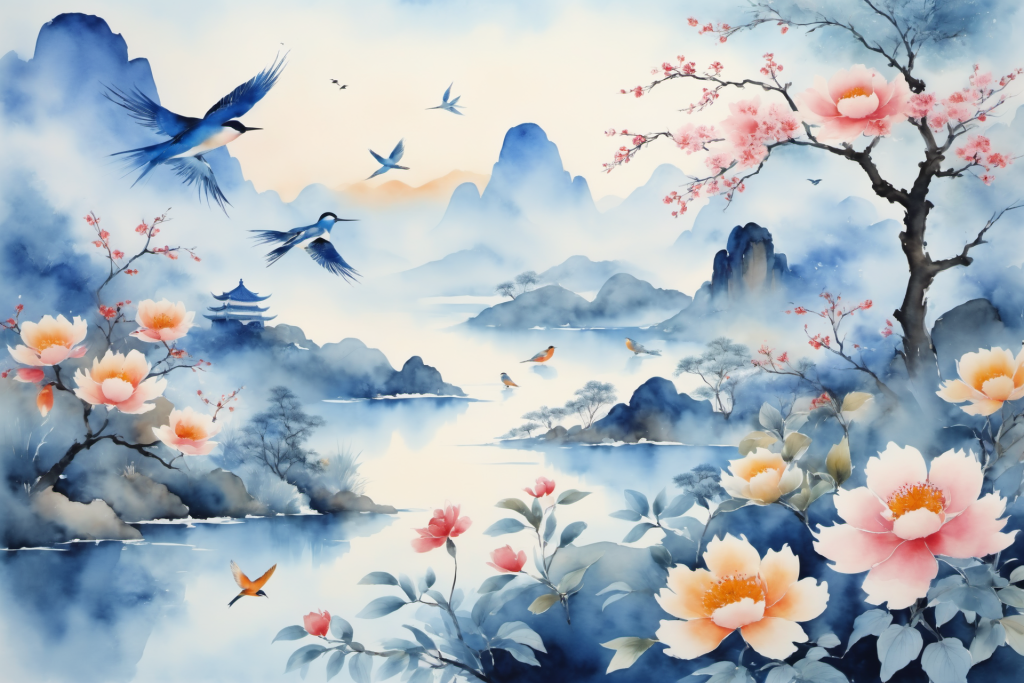 国潮设计中国风水墨画山水画插画