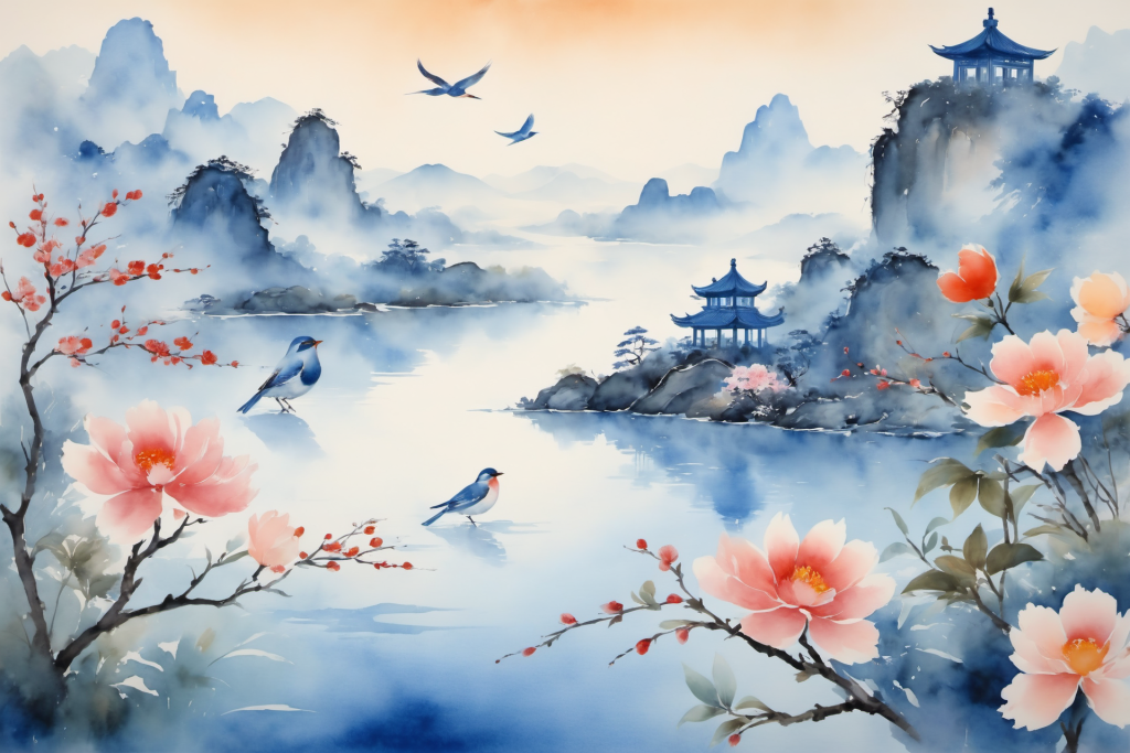 装饰山水画中国风水墨画山水画插画