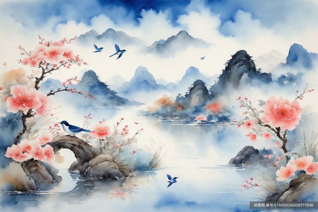 工笔画中国风水墨画山水画插画