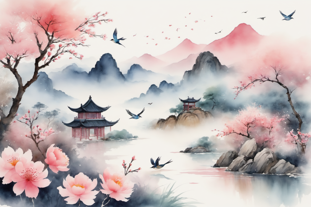 春暖花开中国风水墨画山水画插画