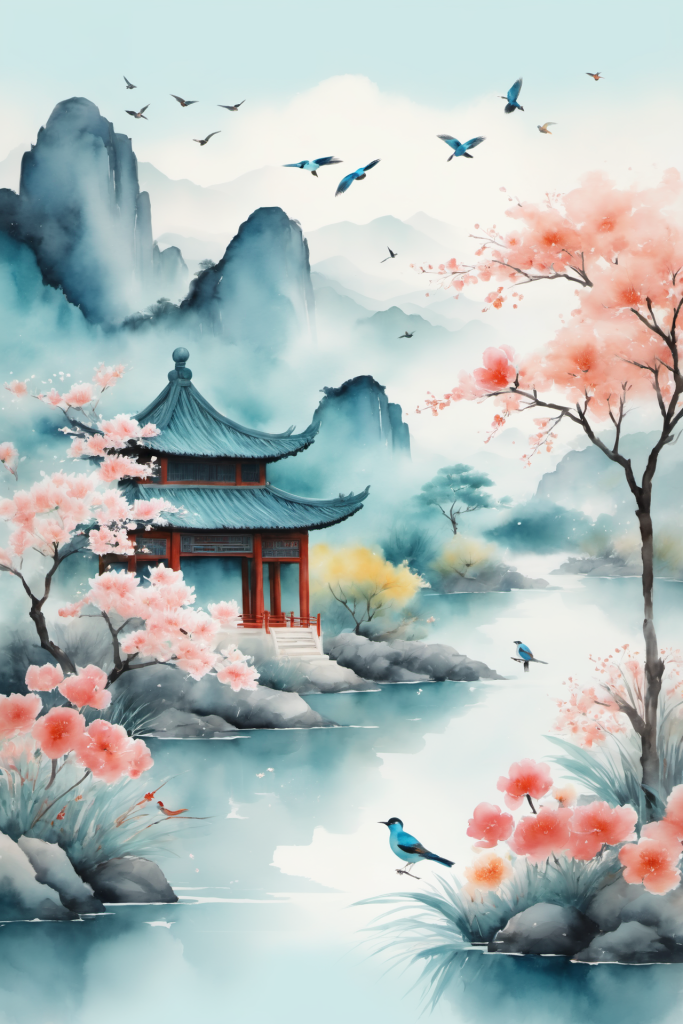 国潮设计中国风水墨画山水画插画