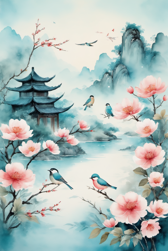 国潮设计中国风水墨画山水画插画