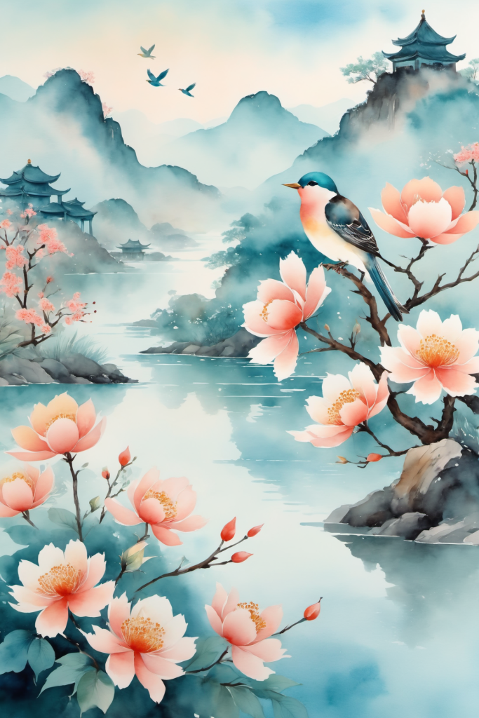 国潮设计中国风水墨画山水画插画