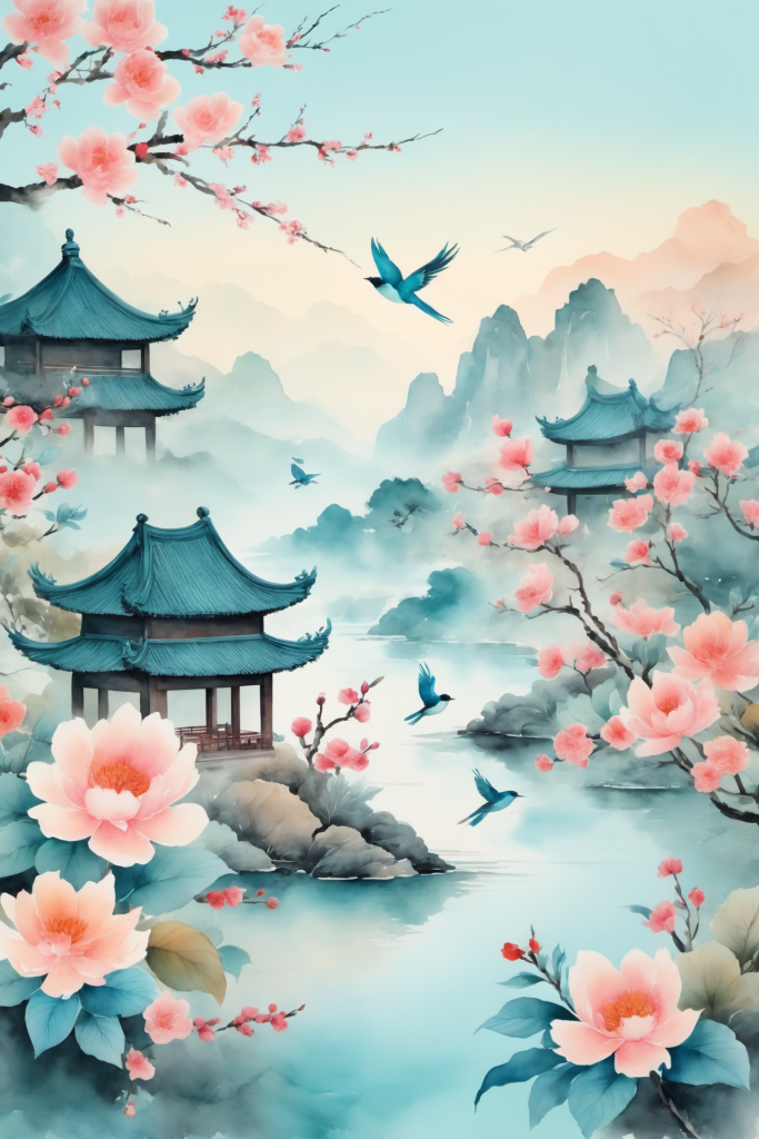 手绘国画中国风水墨画山水画插画