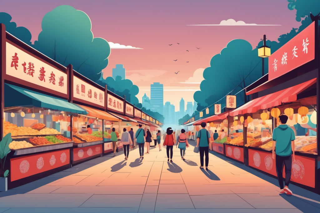 生活娱乐逛街集市场景插画