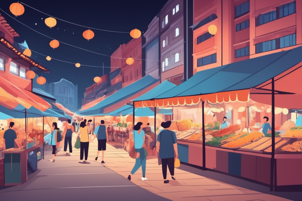 购物年货逛街集市场景插画