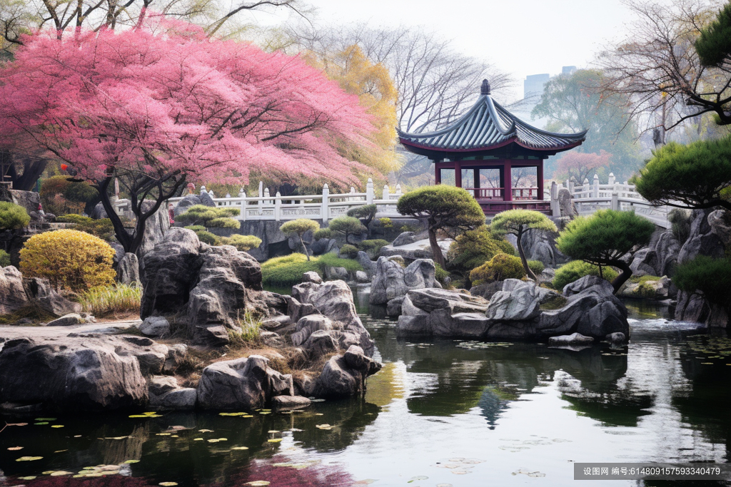 古风山水亭子树木花朵建筑素材壁纸