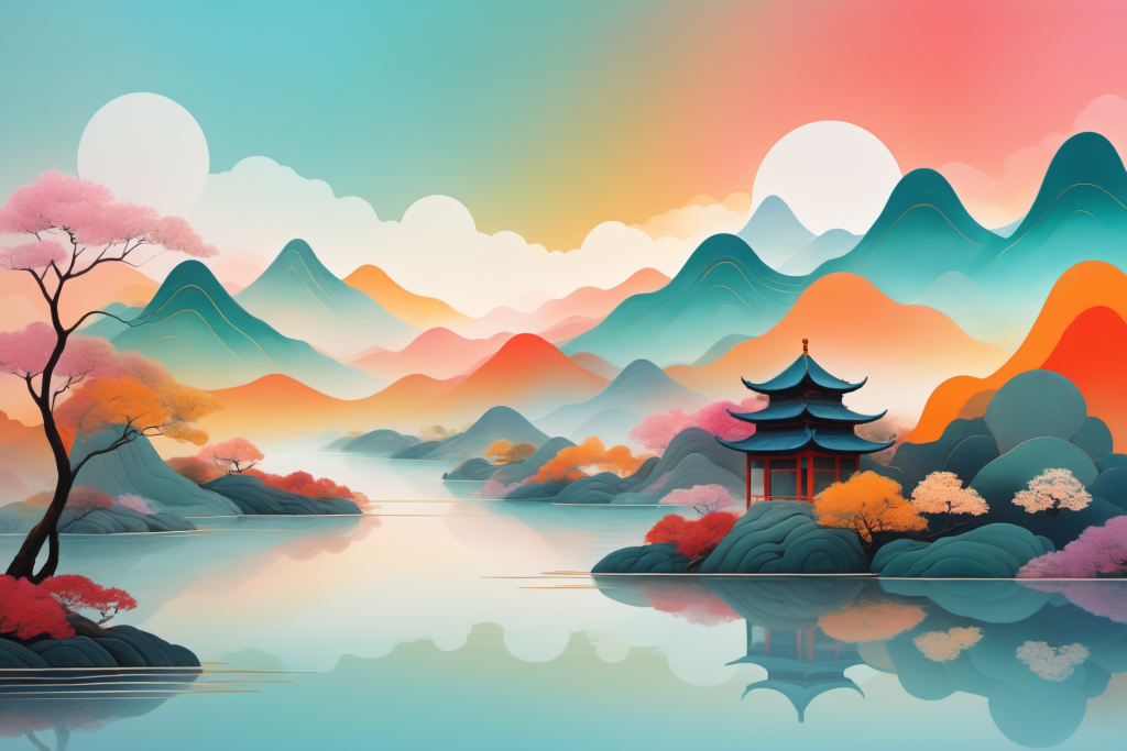 炫彩设计国潮山水插画背景图