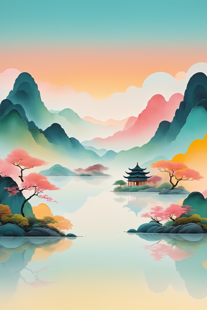 新中式国潮山水插画背景图