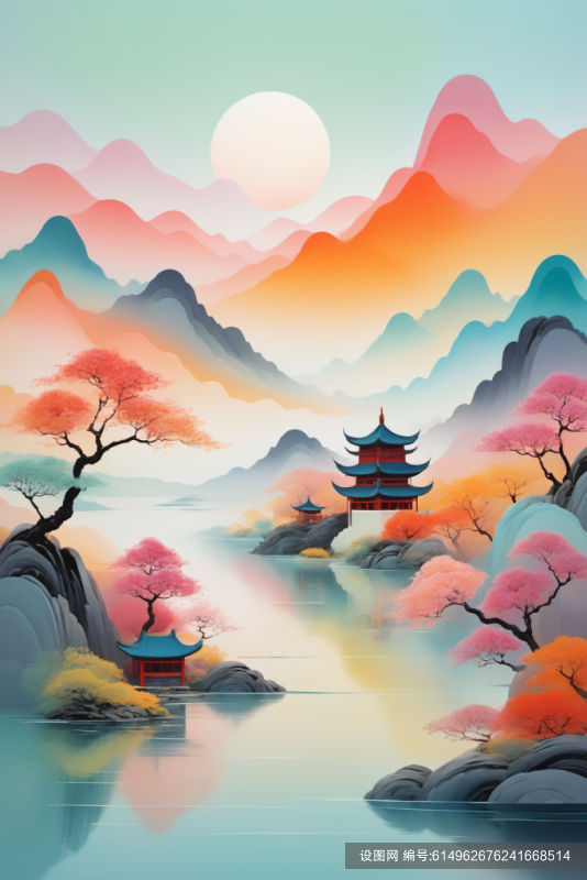 中式写意国潮山水插画背景图png下载_编号614962676241668514-设图网