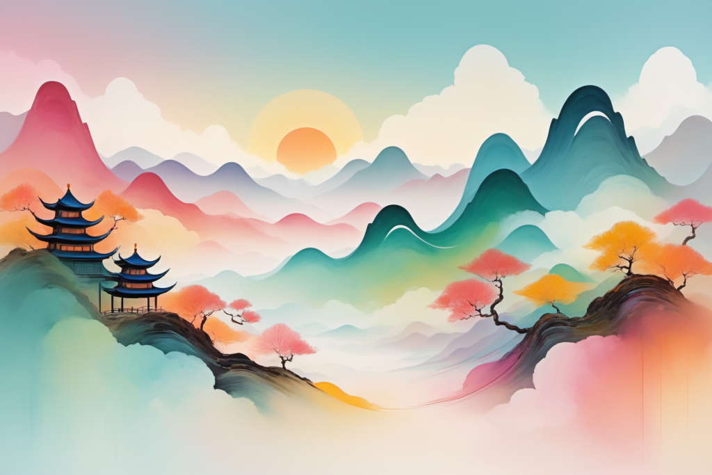 禅意山峰国潮山水插画背景图