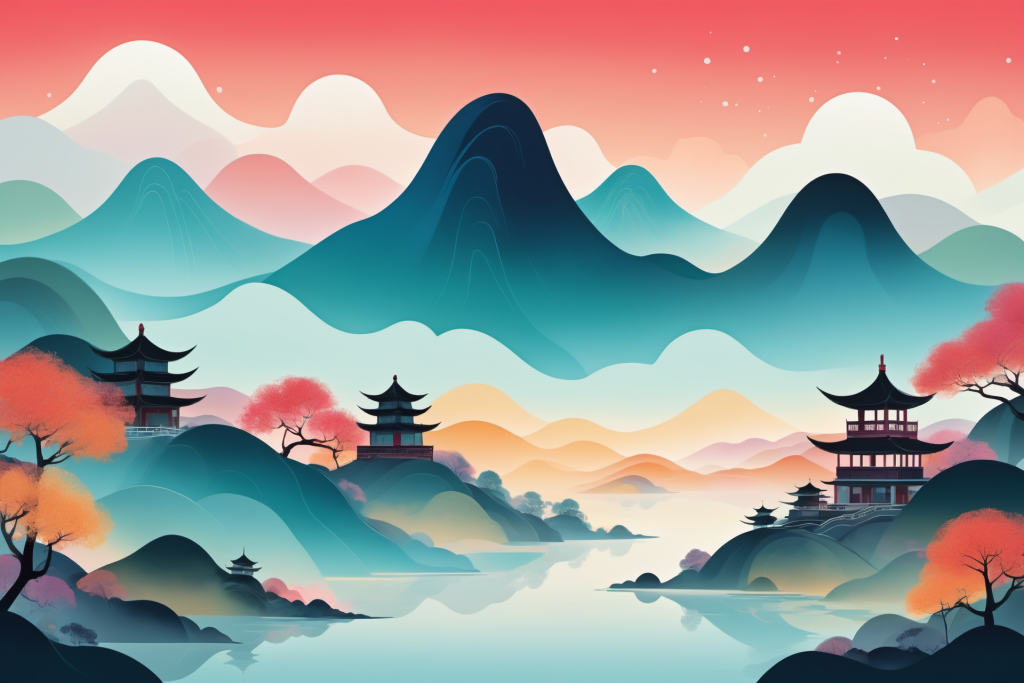淡雅设计国潮山水插画背景图