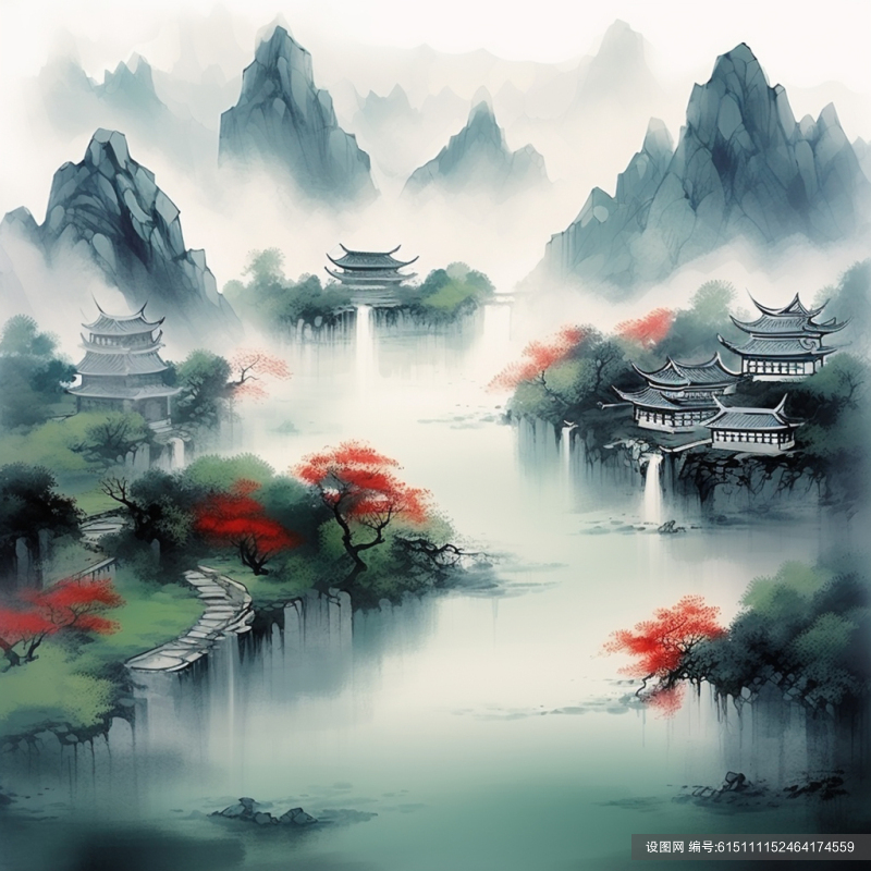 唯美古风建筑山水树木素材图片jpg下载_编号615111152464174559-设图网
