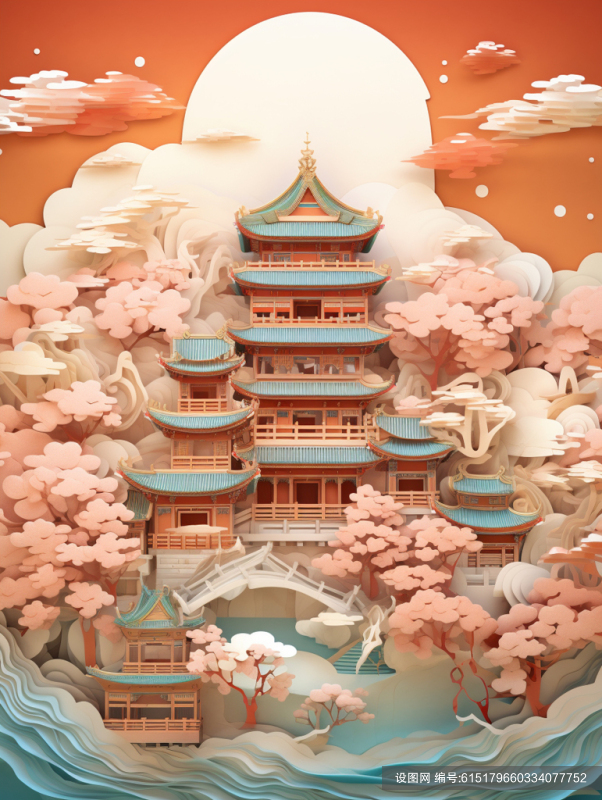 古风建筑山水树木海边日出日落素材图片jpg下载_编号615179660334077752-设图网