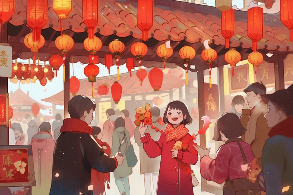 新春集会新年春节年货节买年货插画