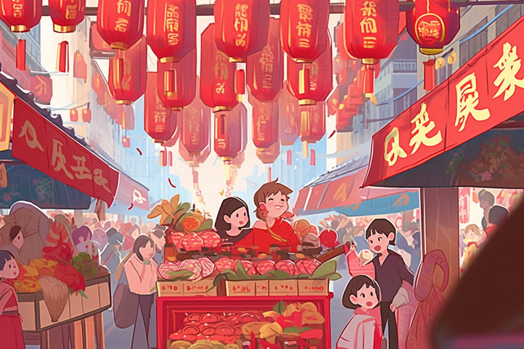 新春集会新年春节年货节买年货插画
