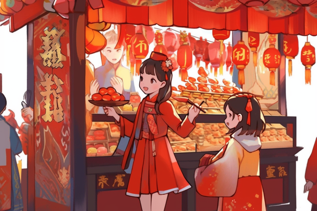 新春集会新年春节年货节买年货插画