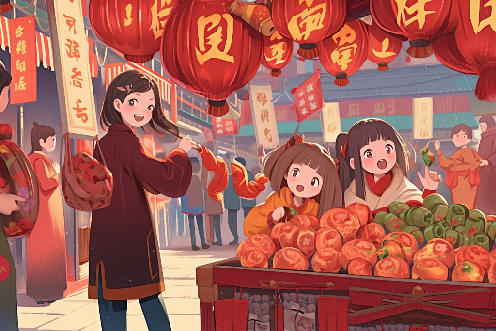 新春集会新年春节年货节买年货插画