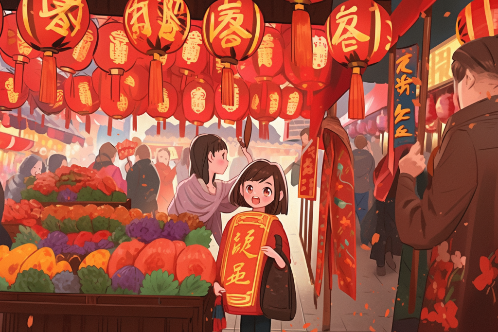 新春集会新年春节年货节买年货插画