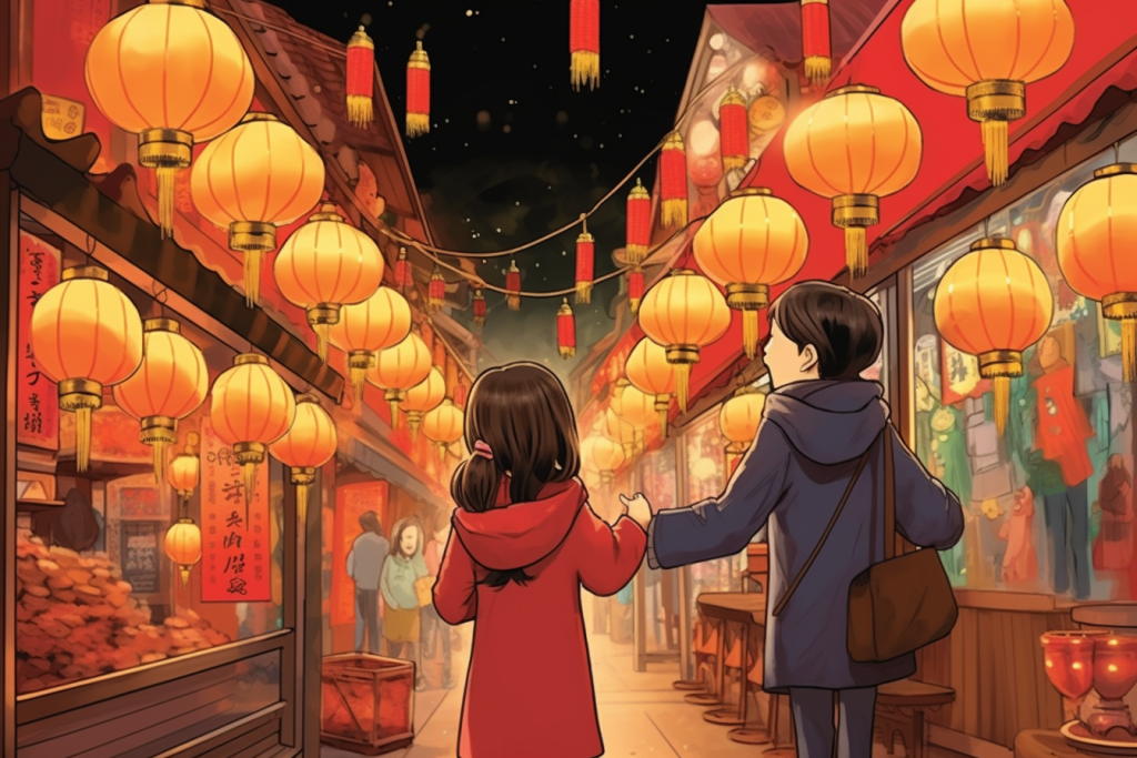新春集会新年春节年货节买年货插画