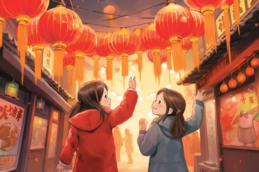 新春集会新年春节年货节买年货插画