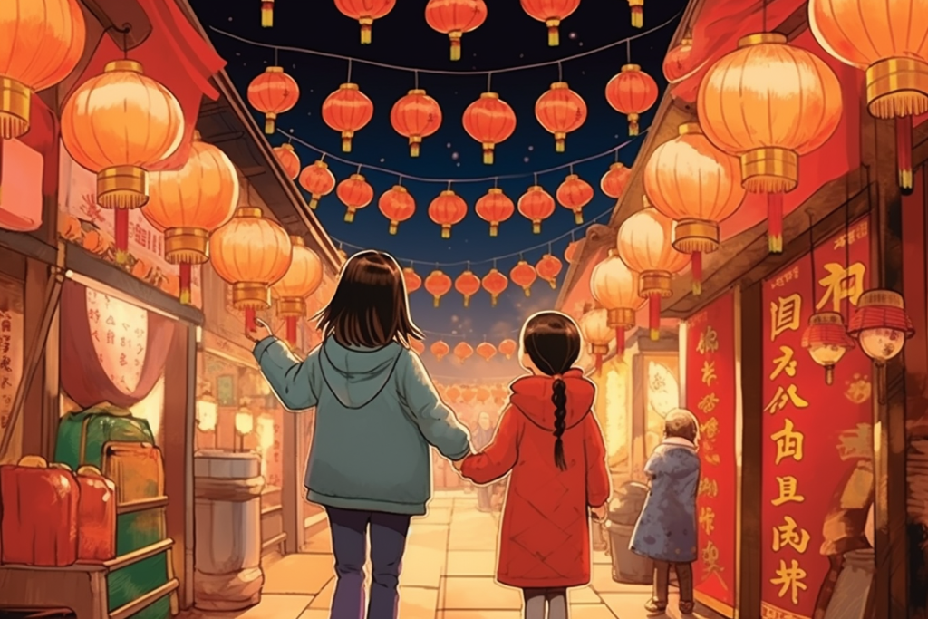 新春集会新年春节年货节买年货插画