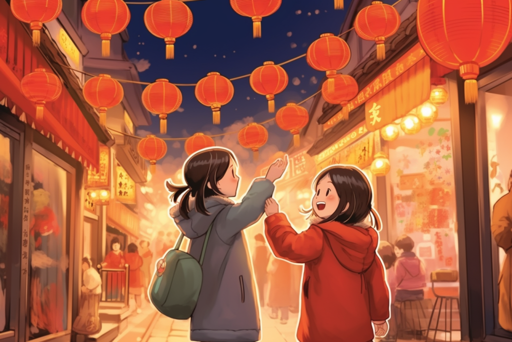 新春集会新年春节年货节买年货插画