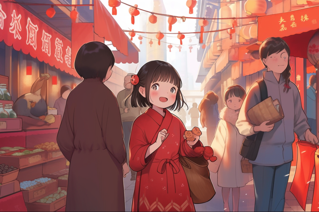 新春集会新年春节年货节买年货插画