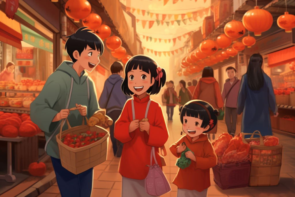 新春集会新年春节年货节买年货插画