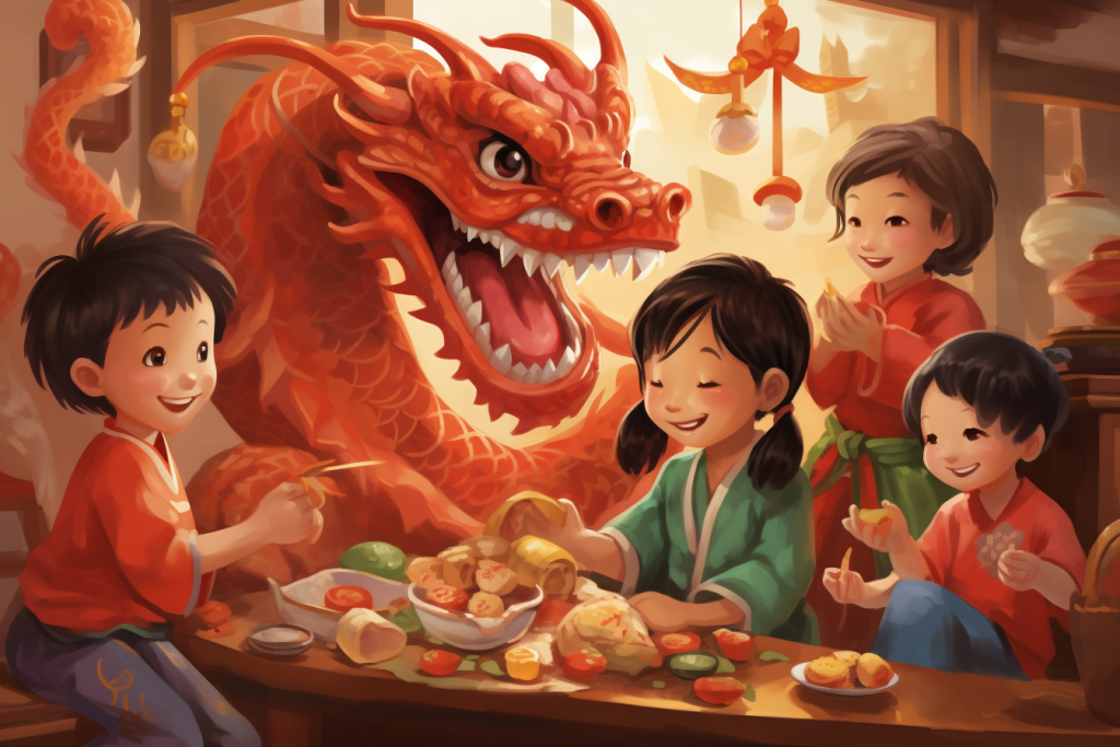 神话动物古风新年龙年龙美食插画