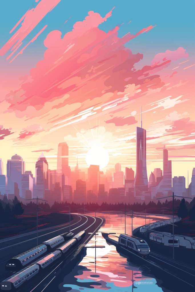 现代高铁火车城市渐变剪影建筑插画png下载_编号622097729383963722-设图网