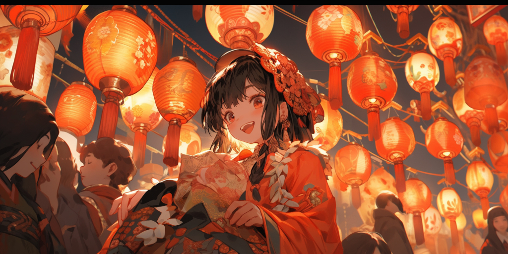 灯笼下的可爱女孩素材图片